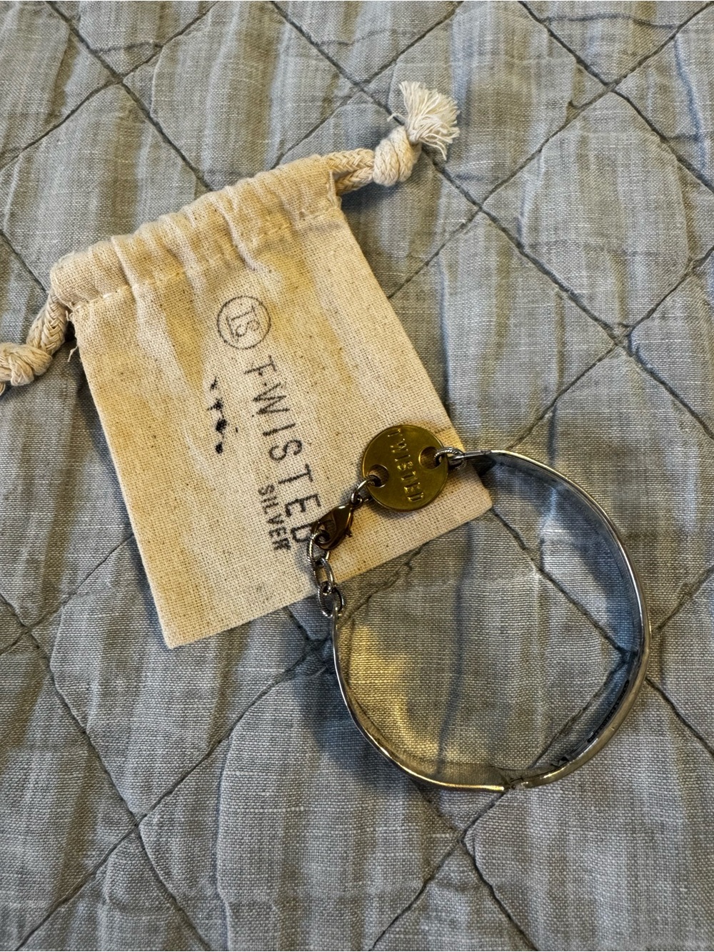 Twisted Silver Polished Hammered Bangle Bracelet in Silver with Charm